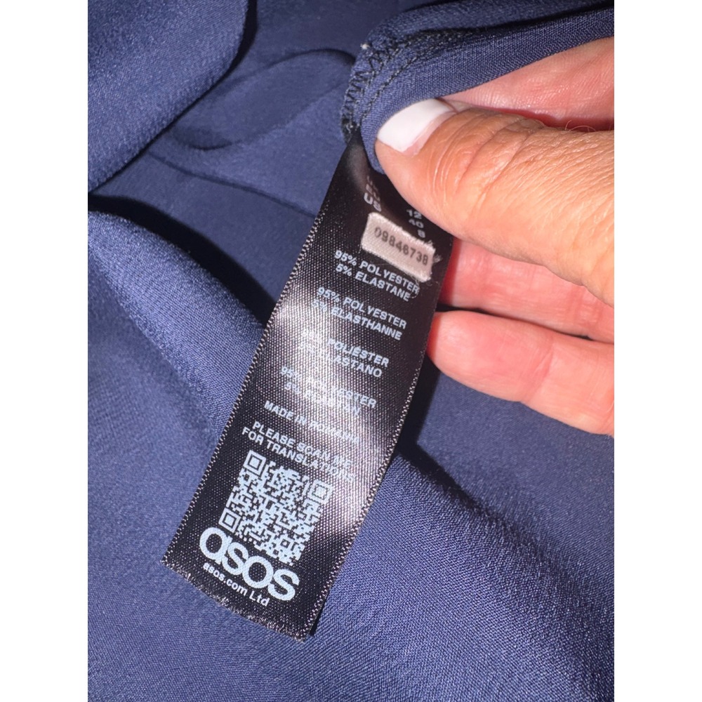 ASOS Navy Blue Satin One Shoulder Midi Dress Cowl Neck High Slit Size US 8 - Picture 4 of 7